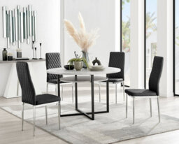 Furniturebox Adley Grey Concrete Effect And Black Round Dining Table With Storage Shelf And 4 Black And Silver Milan Modern Faux Leather Chairs