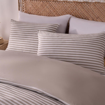 OHS Stripe Duvet Cover Hotel Bedding Set Waffle Embossed Quilt, Natural - Double - image 1