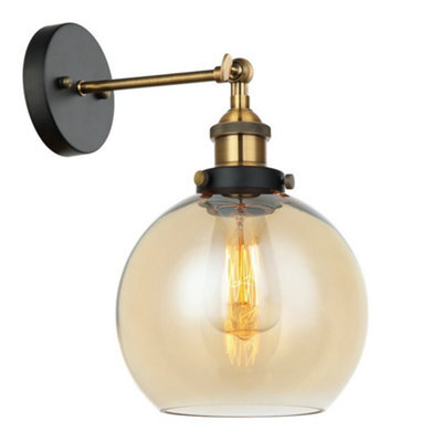 Luminosa Lighting Luminosa Industrial And Retro Wall Lamp Black, Gold 1 Light  With Amber Shade, E27 Dimmable