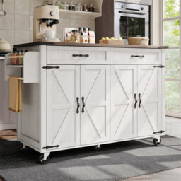 Abrihome Rolling Kitchen Island Storage Trolley With Large Cabinet, Drawer, Adjustable Shelf, Spice&towel Rack, White - thumbnail 9