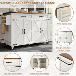 Abrihome Rolling Kitchen Island Storage Trolley With Large Cabinet, Drawer, Adjustable Shelf, Spice&towel Rack, White - thumbnail 2