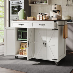 Abrihome Rolling Kitchen Island Storage Trolley With Large Cabinet, Drawer, Adjustable Shelf, Spice&towel Rack, White - thumbnail 1