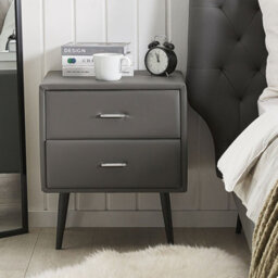 Wyld And Coco Grey Faux Leather 2-Drawer Bedside Table Nightstand - Minimalist Design, Poplar Wood Legs - thumbnail 2