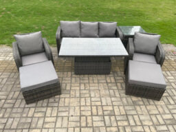Fimous Outdoor Rattan Furniture Garden Dining Sets Adjustable Rising Lifting Table Sofa Set With Chairs Side Tables - thumbnail 2