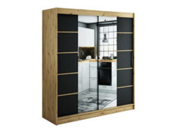 Arte Leto V4 Contemporary 2 Sliding Mirror Door Wardrobe 9 Shelves 2 Rails Black Matt And Oak Effect (H)2000mm (W)2000mm (D)620mm - thumbnail 1