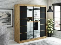 Arte Leto V4 Contemporary 2 Sliding Mirror Door Wardrobe 9 Shelves 2 Rails Black Matt And Oak Effect (H)2000mm (W)2000mm (D)620mm - thumbnail 2