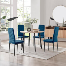 Furniturebox Uk Koko Oak Effect Round Dining Table & 4 Navy Velvet Milan Black Leg Chairs