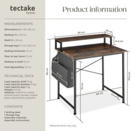 Tectake Desk - With Shelving And Fabric Storage Bag 80 Cm - Industrial Wood Dark, Rustic - thumbnail 6