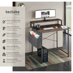 Tectake Desk - With Shelving And Fabric Storage Bag 80 Cm - Industrial Wood Dark, Rustic - thumbnail 2