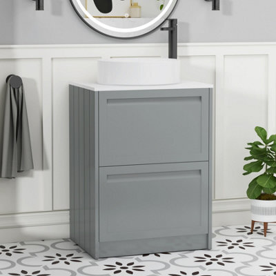 Royal Bathrooms Royal Bathroom Elmore 600mm Matt Pebble Grey Freestanding Vanity Unit 2 Drawer With Plain White Worktop & No Basin - image 1