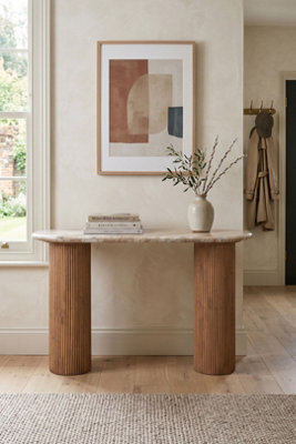Upton Natural Marble And Wood Pedestal Console Table - image 1