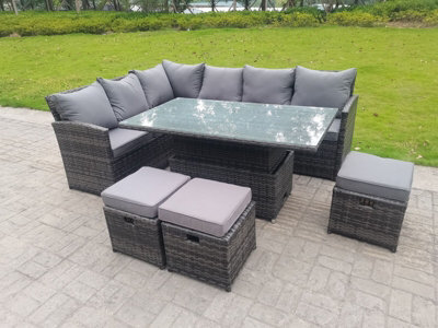 Fimous High Back Corner Rattan Garden Furniture Sofa Rising Lifting Dining Table Height Adjustable 9 Seater 3 Small Foot Stools - image 1