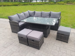 Fimous High Back Corner Rattan Garden Furniture Sofa Rising Lifting Dining Table Height Adjustable 9 Seater 3 Small Foot Stools - thumbnail 1