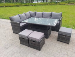 Fimous High Back Corner Rattan Garden Furniture Sofa Rising Lifting Dining Table Height Adjustable 9 Seater 3 Small Foot Stools - thumbnail 5