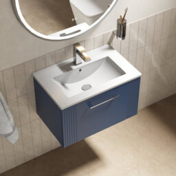 Balterley Belvide Partial Fluted 1 Drawer Wall Hung Vanity Unit With 1 Tap Hole Minimalist Basin - 600mm - Satin Blue - thumbnail 5