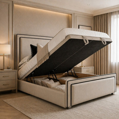 5Ft King Size Cream Louis Divan Ottoman Gas Lift Storage Bed