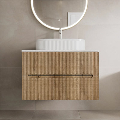 Aveli 800mm Countertop Bathroom Vanity Unit Basin Sink Wall Hung Soft Close Fluted Oak - image 1