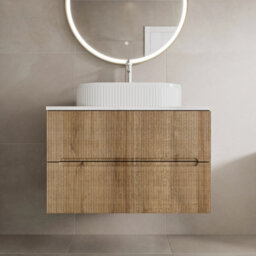 Aveli 800mm Countertop Bathroom Vanity Unit Basin Sink Wall Hung Soft Close Fluted Oak