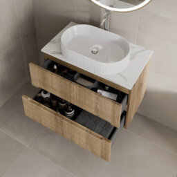 Aveli 800mm Countertop Bathroom Vanity Unit Basin Sink Wall Hung Soft Close Fluted Oak - thumbnail 2