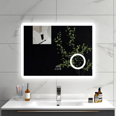 Sline 800X600mm Bluetooth Led Bathroom Mirror With 3-Colour Modes Demister Pad Digital Clock Magnifying Glass - image 1