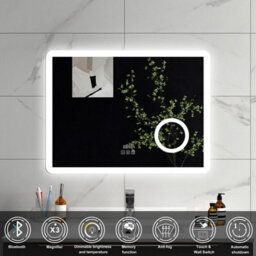 Sline 800X600mm Bluetooth Led Bathroom Mirror With 3-Colour Modes Demister Pad Digital Clock Magnifying Glass - thumbnail 2