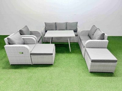 Fimous Pe Rattan Garden Furniture Set Outdoor Rectangular Dining Table Sofa Set With Reclining Chair 2 Big Stool Light Grey - image 1
