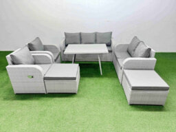 Fimous Pe Rattan Garden Furniture Set Outdoor Rectangular Dining Table Sofa Set With Reclining Chair 2 Big Stool Light Grey - thumbnail 2