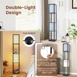 Costway 2-Light Floor Lamp Wooden Shelf Lamp With Shelves-Black - thumbnail 7