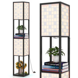 Costway 2-Light Floor Lamp Wooden Shelf Lamp With Shelves-Black