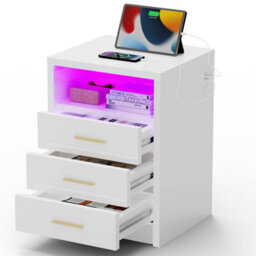 White Bedside Table Rgb Led 3 Tier Storage Cabinet Nightstand With Charging Station - thumbnail 1