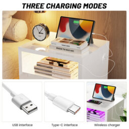 White Bedside Table Rgb Led 3 Tier Storage Cabinet Nightstand With Charging Station - thumbnail 5
