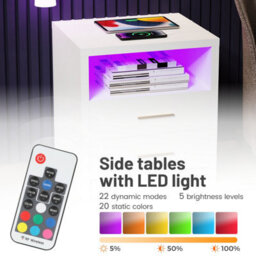 White Bedside Table Rgb Led 3 Tier Storage Cabinet Nightstand With Charging Station - thumbnail 4