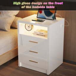 White Bedside Table Rgb Led 3 Tier Storage Cabinet Nightstand With Charging Station - thumbnail 3