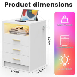 White Bedside Table Rgb Led 3 Tier Storage Cabinet Nightstand With Charging Station - thumbnail 2