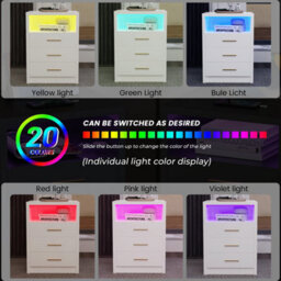 White Bedside Table Rgb Led 3 Tier Storage Cabinet Nightstand With Charging Station - thumbnail 6