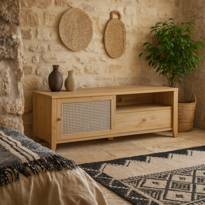 Wyld Haus Monza Natural Oak Tv Unit - 1 Door 1 Drawer, Rattan Texture, Compact - image 1