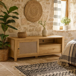 Wyld Haus Monza Natural Oak Tv Unit - 1 Door 1 Drawer, Rattan Texture, Compact - thumbnail 2