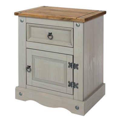 Core Products Premium Corona Grey, 1 Door, 1 Drawer Bedside Cabinet, Grey & Antique Waxed Pine H66.0Cm X W53.0Cm X D38.0Cm - image 1
