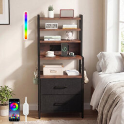 Brown Bedside Table Charging Station Led Drawers - thumbnail 7