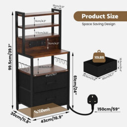 Brown Bedside Table Charging Station Led Drawers - thumbnail 2