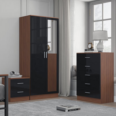 Reflect 2 Door Mirror Wardrobe, 5 Drawer Chest, 2 Drawer Bedside - Black Gloss & Walnut - Modern Bedroom Furniture Set - image 1