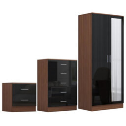 Reflect 2 Door Mirror Wardrobe, 5 Drawer Chest, 2 Drawer Bedside - Black Gloss & Walnut - Modern Bedroom Furniture Set - thumbnail 5