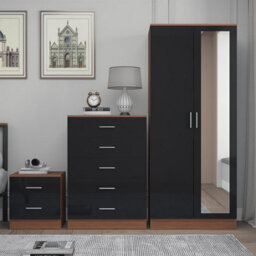 Reflect 2 Door Mirror Wardrobe, 5 Drawer Chest, 2 Drawer Bedside - Black Gloss & Walnut - Modern Bedroom Furniture Set - thumbnail 3