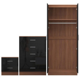 Reflect 2 Door Mirror Wardrobe, 5 Drawer Chest, 2 Drawer Bedside - Black Gloss & Walnut - Modern Bedroom Furniture Set - thumbnail 6