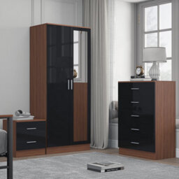 Reflect 2 Door Mirror Wardrobe, 5 Drawer Chest, 2 Drawer Bedside - Black Gloss & Walnut - Modern Bedroom Furniture Set