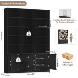 Black 209Cm Tall Bookcase With Doors 7 Tier Living Room Bookshelf - thumbnail 2