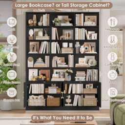 Black 209Cm Tall Bookcase With Doors 7 Tier Living Room Bookshelf - thumbnail 5