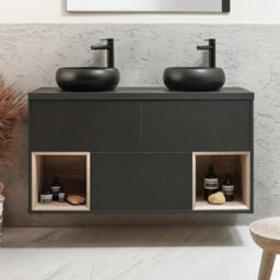 Homestylestore Black Grey 1200mm Led Lit Wall Hung Bathroom Vanity Unit Round Graphite Countertop Basins Open Shelves - thumbnail 2