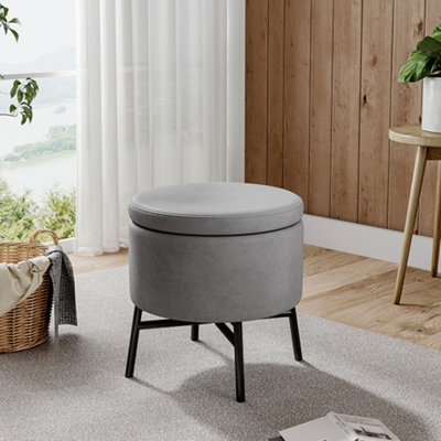 Living And Home Contemporary Grey Velvet Storage Ottoman With X-Shape Metal Legs Dia 480 X H 490 mm - image 1