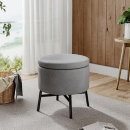 Living And Home Contemporary Grey Velvet Storage Ottoman With X-Shape Metal Legs Dia 480 X H 490  mm - thumbnail 1